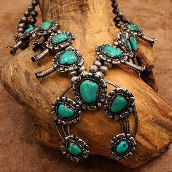 Unique Vintage Native Navajo Turquoise Squash Blossom Ornate Silver Necklace 27" - Picture 11 of 13